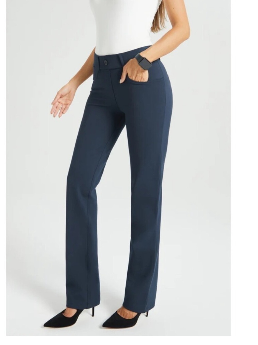 Betabrand Navy Straight-Leg yoga Dress Pants L petite pockets DPYP office blue
